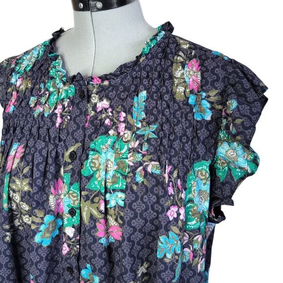Lane Bryant dark floral print flutter-sleeve ruffle-neck blouse, size 24 - Picture 7 of 8